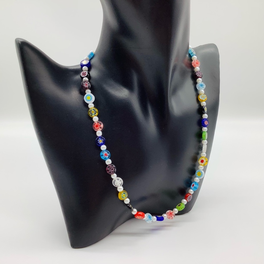 ❤️NEW! Necklace Millefiori Beads Glass Pearls Flowers Hippie Trend Gold To…